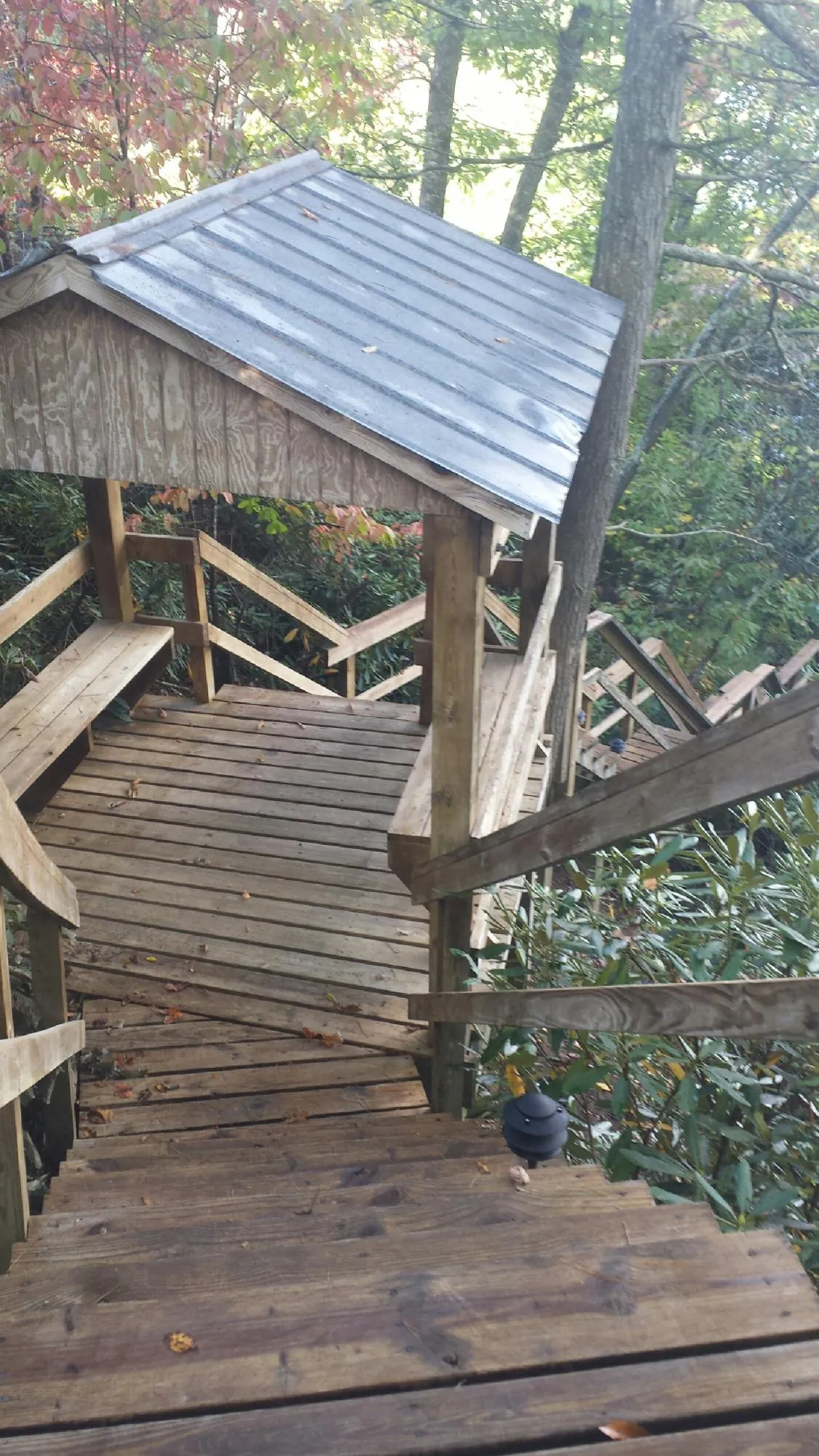 Metal roofed shelter over wooden steps on a wooded walkway — Skylight Repair & Installation work by our crew in Banning